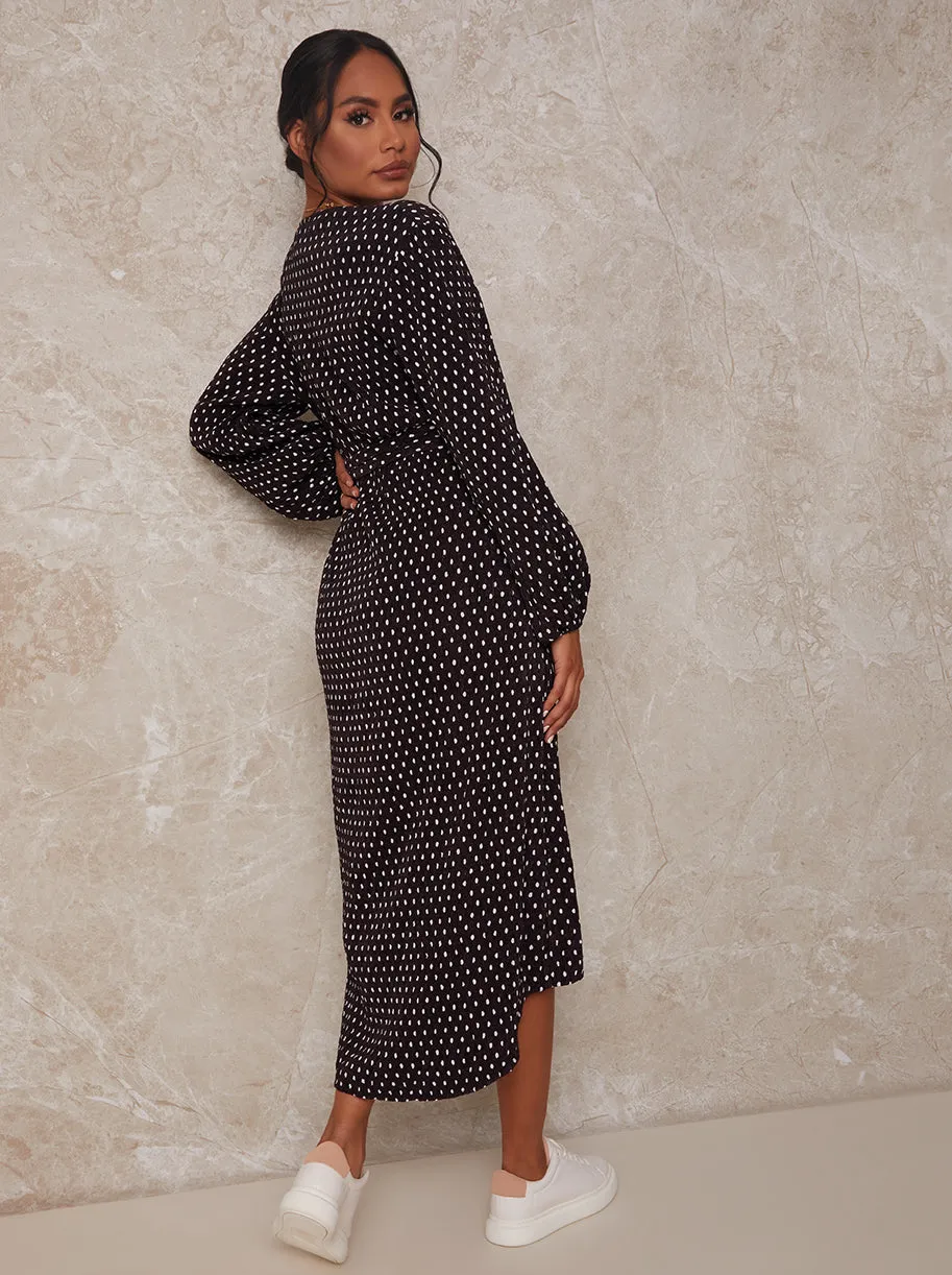 Long Sleeve Polka Dot Midi Wrap Dress in Black sold by Chi Chi London product image thumbnail 3
