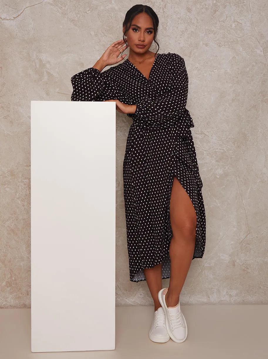 Long Sleeve Polka Dot Midi Wrap Dress in Black sold by Chi Chi London product image thumbnail 4