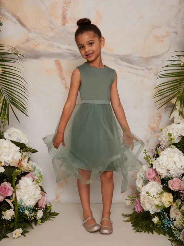 Girls Tulle Skirt Dress with Bow Back in Green sold by Chi Chi London