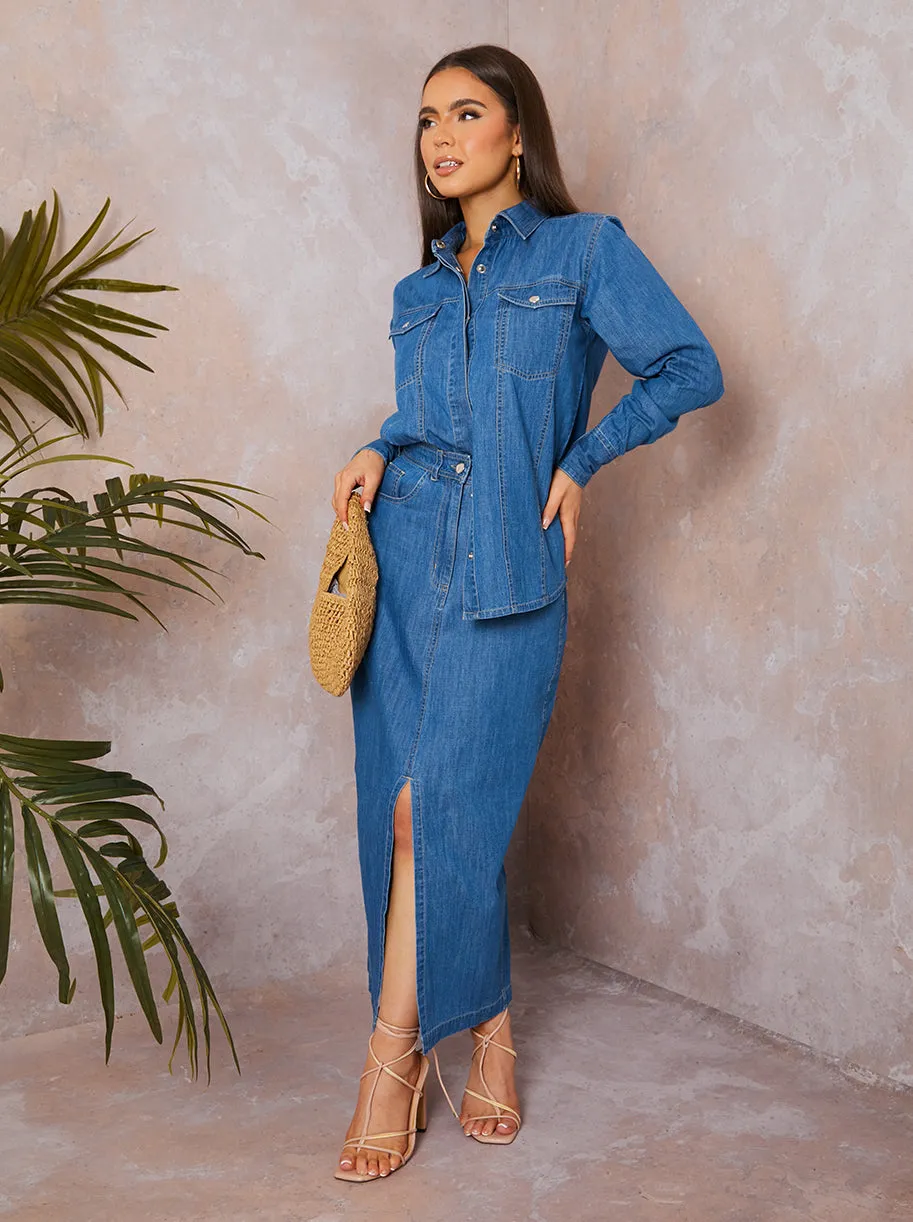 Long Sleeve Denim Shirt in Blue sold by Chi Chi London product image thumbnail 5