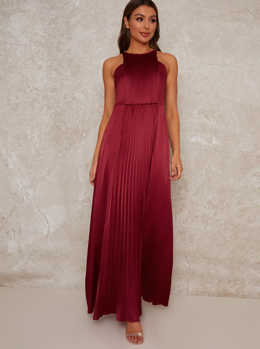 High Neck Satin Pleated Maxi Dress in Red sold by Chi Chi London product image thumbnail 2