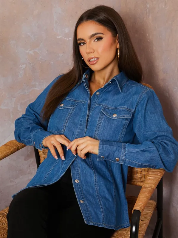 Long Sleeve Denim Shirt in Blue sold by Chi Chi London