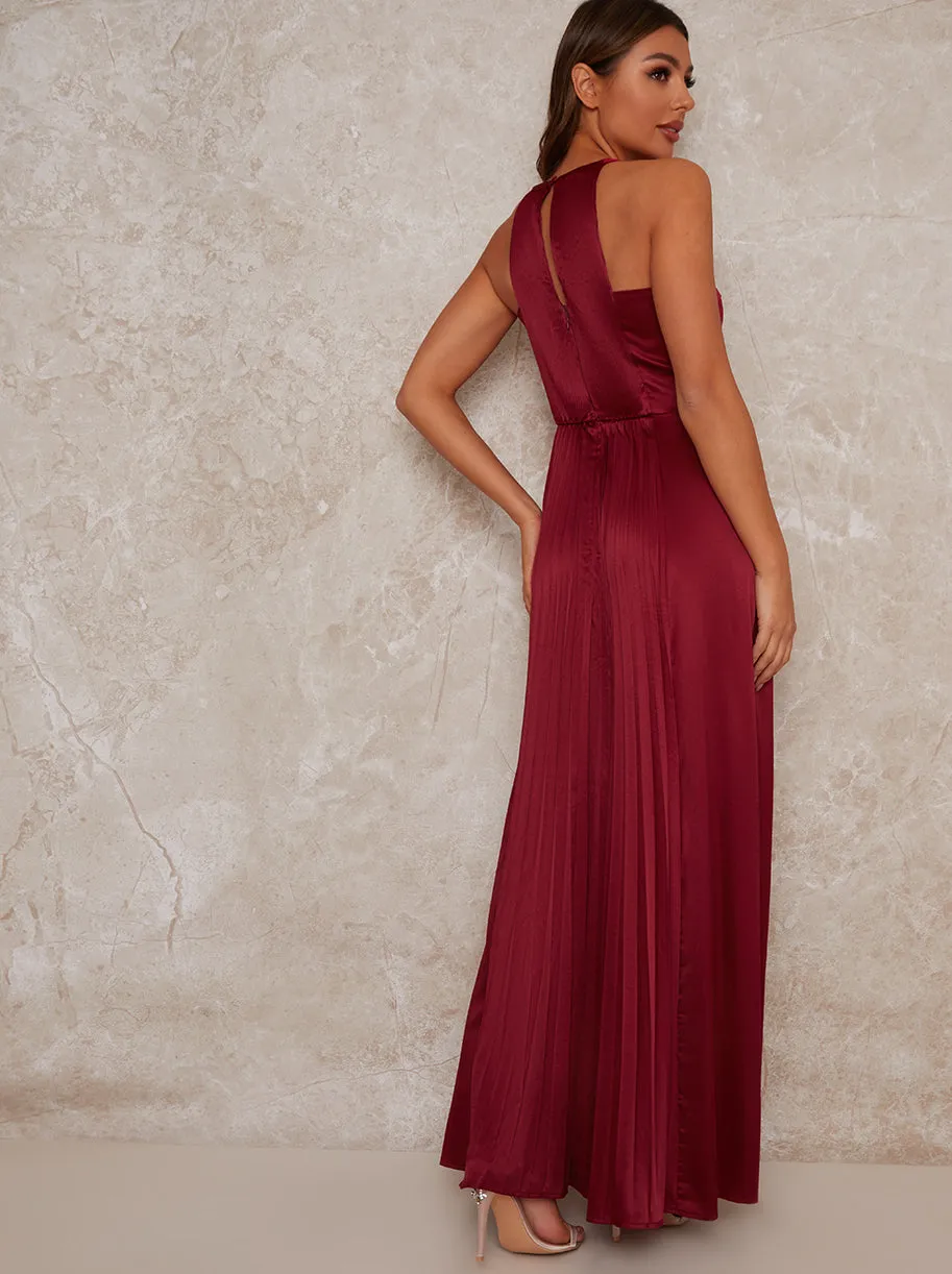 High Neck Satin Pleated Maxi Dress in Red sold by Chi Chi London product image thumbnail 4