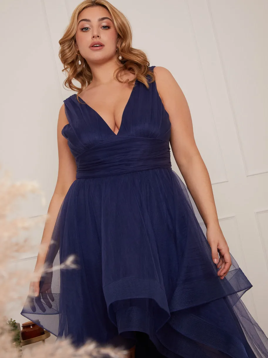 Plus Size Plunge Neck Tiered Tulle Dip Hem Dress in Navy sold by Chi Chi London product image thumbnail 4