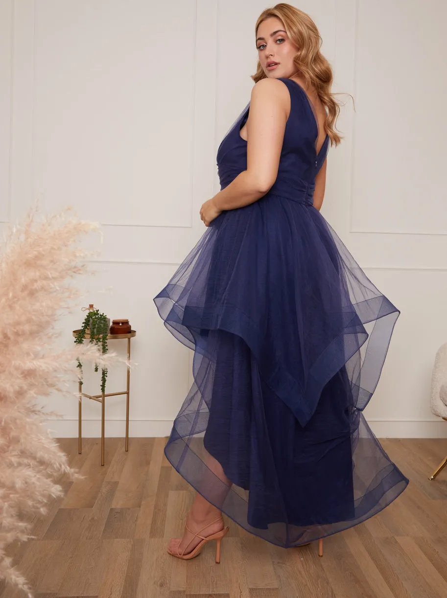 Plus Size Plunge Neck Tiered Tulle Dip Hem Dress in Navy sold by Chi Chi London product image thumbnail 3