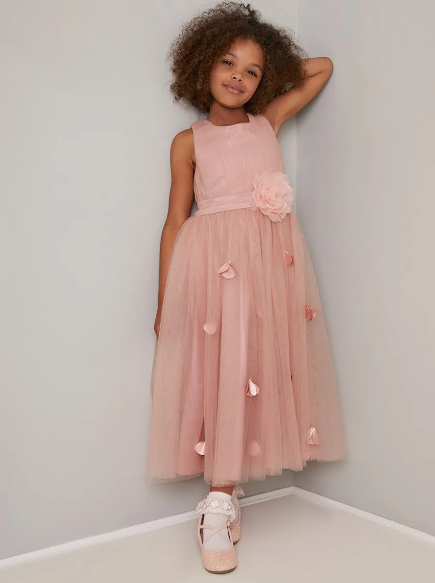 Girls 3D Floral Tulle Flowergirl Maxi Dress in Pink sold by Chi Chi London