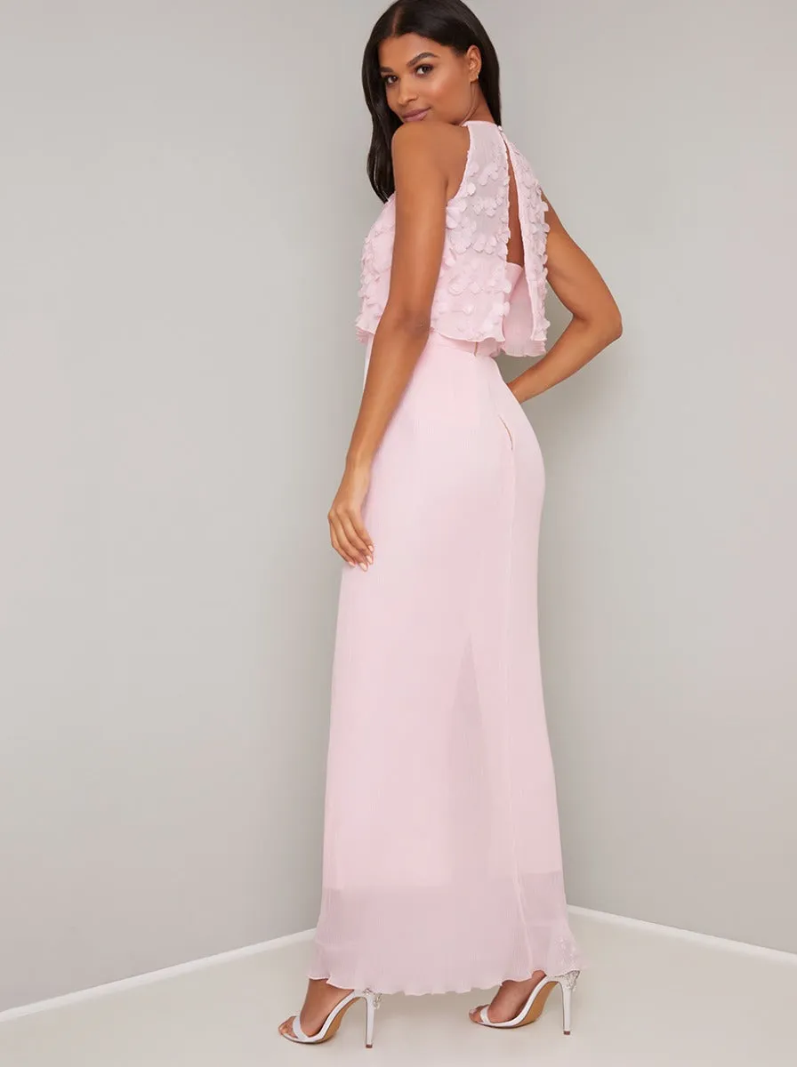 Floral Overlay Bodice Pleat Maxi Dress in Pink sold by Chi Chi London