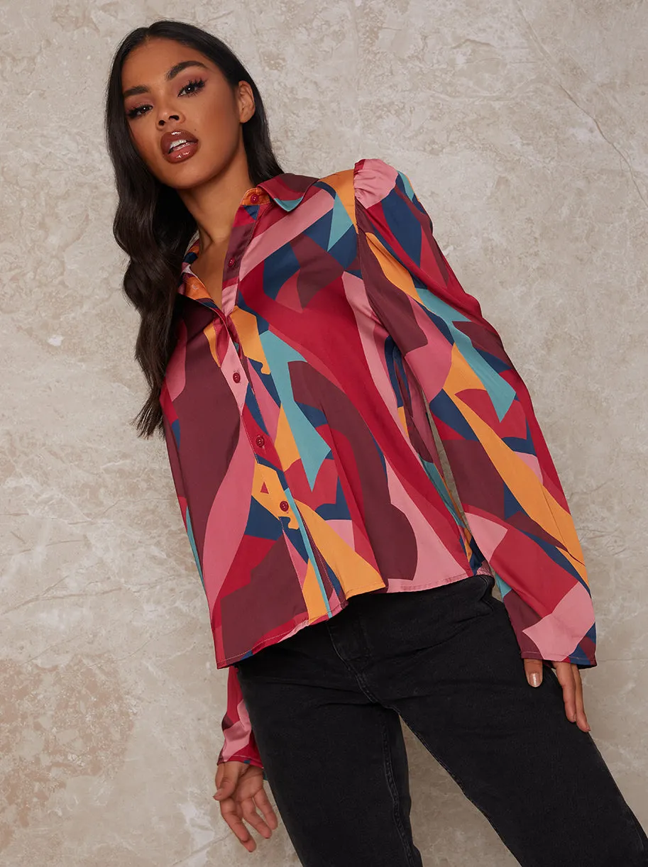 Exaggerated Puff Sleeve Graphic Print Shirt in Multi sold by Chi Chi London