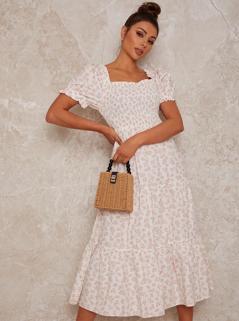 Puff Sleeve Floral Print Maxi Day Dress in Cream sold by Chi Chi London