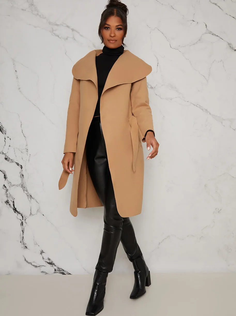 Belted Waterfall Coat Jacket in Beige sold by Chi Chi London