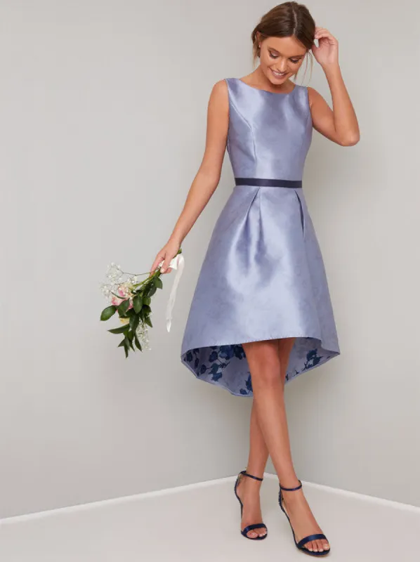 Low Back Contrast Midi Dip Hem Dress in Blue sold by Chi Chi London