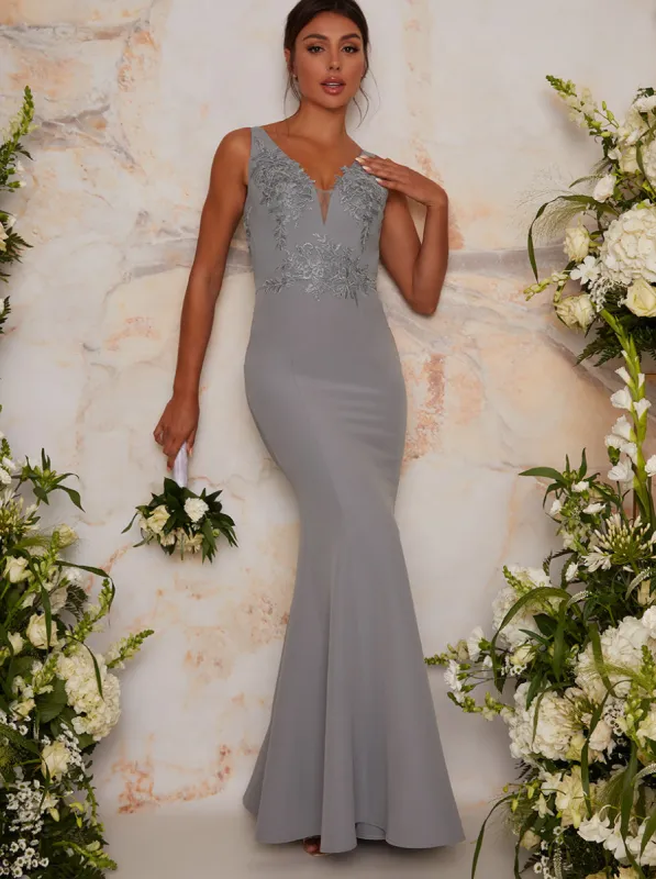 Lace Bodice Maxi Evening Dress in Grey sold by Chi Chi London