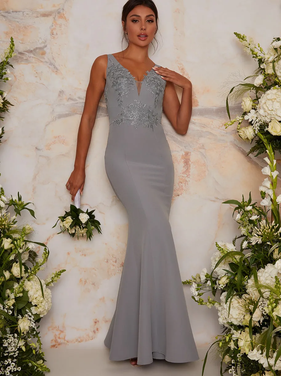 Lace Bodice Maxi Evening Dress in Grey sold by Chi Chi London