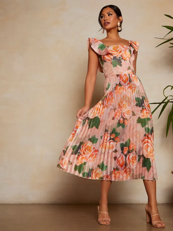 Floral Print Ruffle Pleated Midi Dress in Pink sold by Chi Chi London