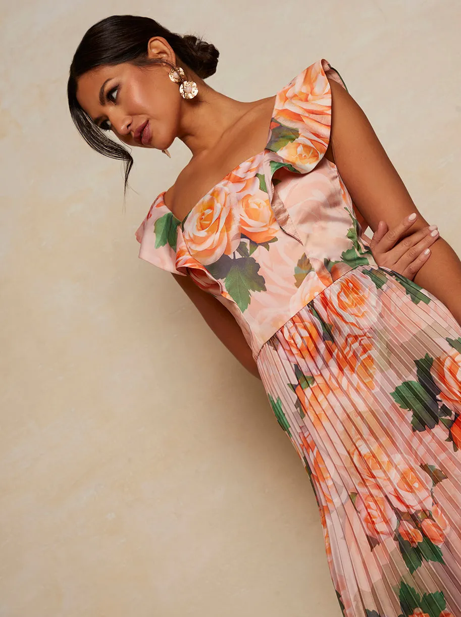 Floral Print Ruffle Pleated Midi Dress in Pink sold by Chi Chi London product image thumbnail 5