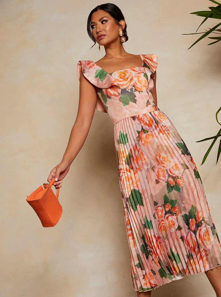 Floral Print Ruffle Pleated Midi Dress in Pink sold by Chi Chi London product image thumbnail 4