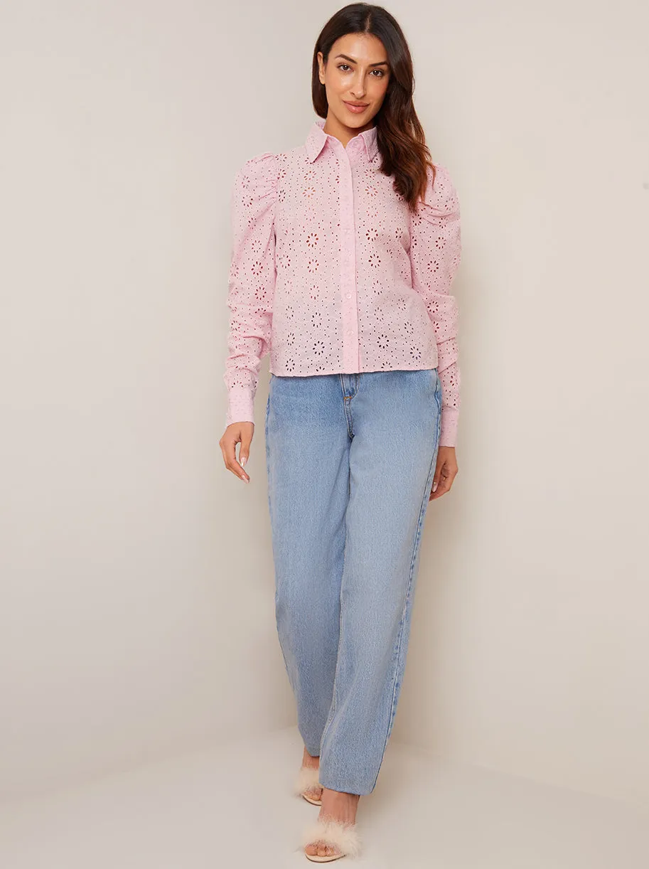 Broderie Anglaise Puff Sleeve Shirt in Pink sold by Chi Chi London product image thumbnail 2