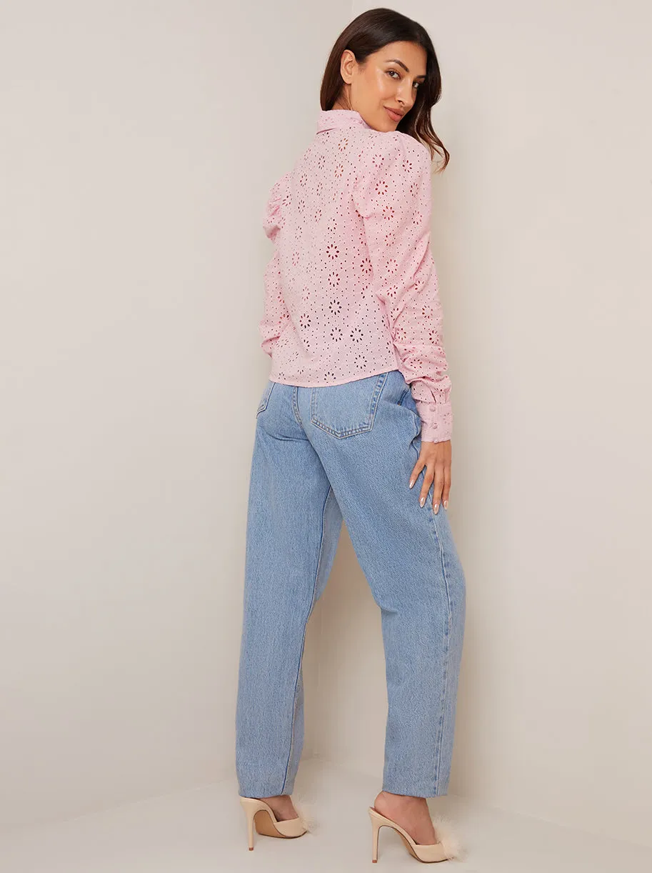 Broderie Anglaise Puff Sleeve Shirt in Pink sold by Chi Chi London product image thumbnail 3