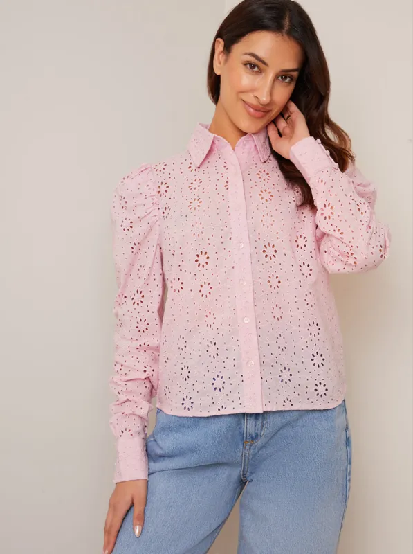 Broderie Anglaise Puff Sleeve Shirt in Pink sold by Chi Chi London