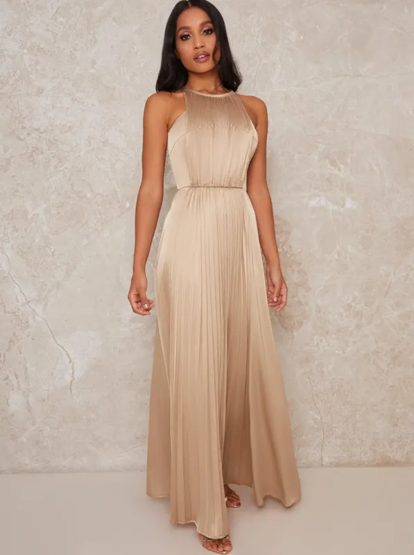 Petite High Neck Satin Pleated Maxi Dress in Champagne sold by Chi Chi London
