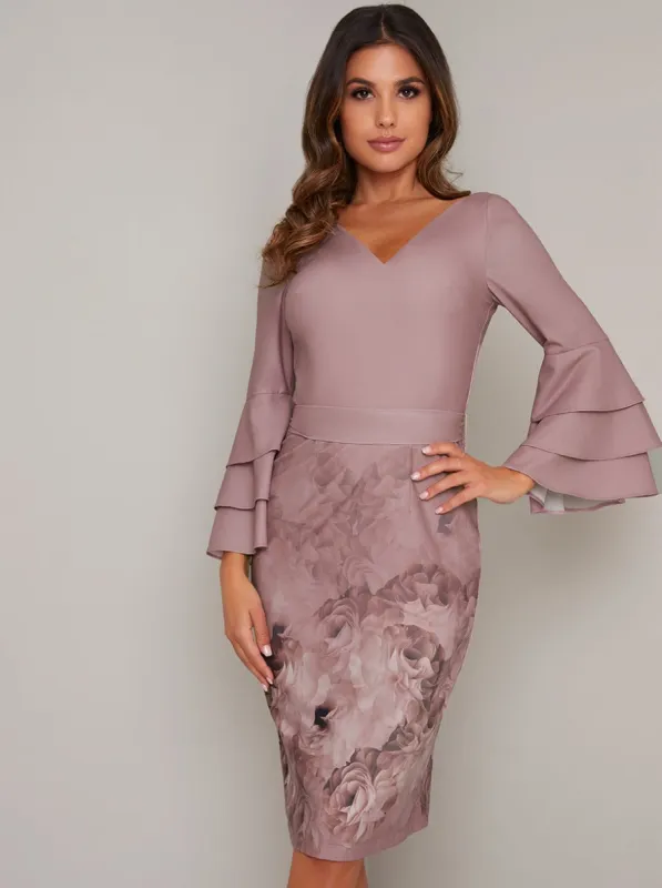 Fluted Sleeved Bodycon Print Midi Dress in Pink sold by Chi Chi London
