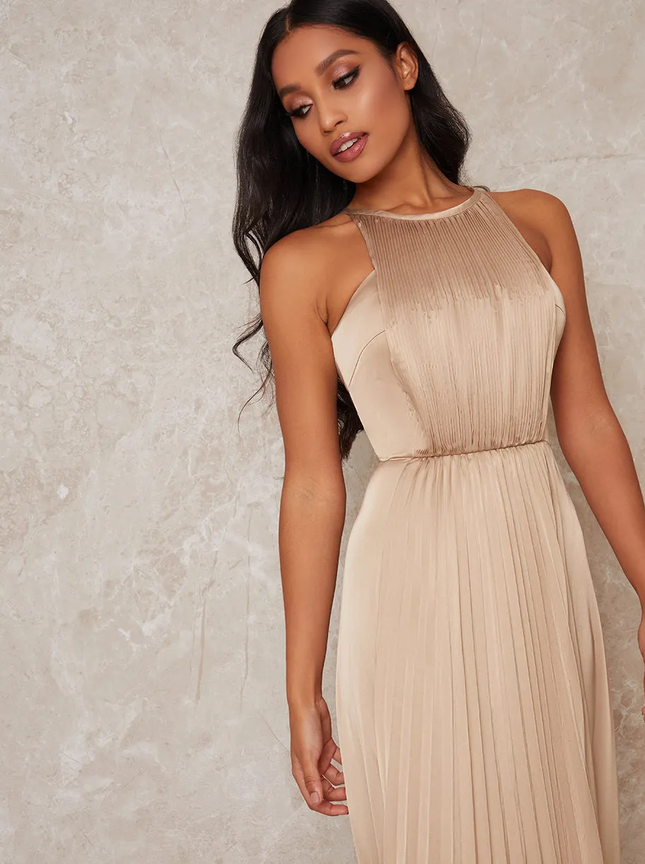 Petite High Neck Satin Pleated Maxi Dress in Champagne sold by Chi Chi London product image thumbnail 2