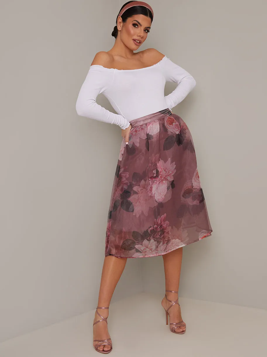Organza Floral Print Midi Skirt in Pink sold by Chi Chi London