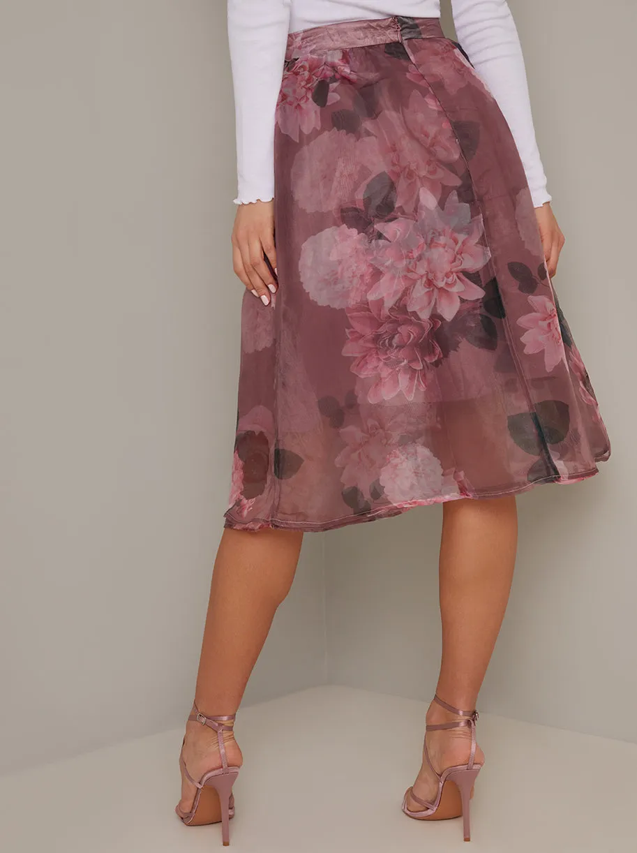 Organza Floral Print Midi Skirt in Pink sold by Chi Chi London product image thumbnail 4