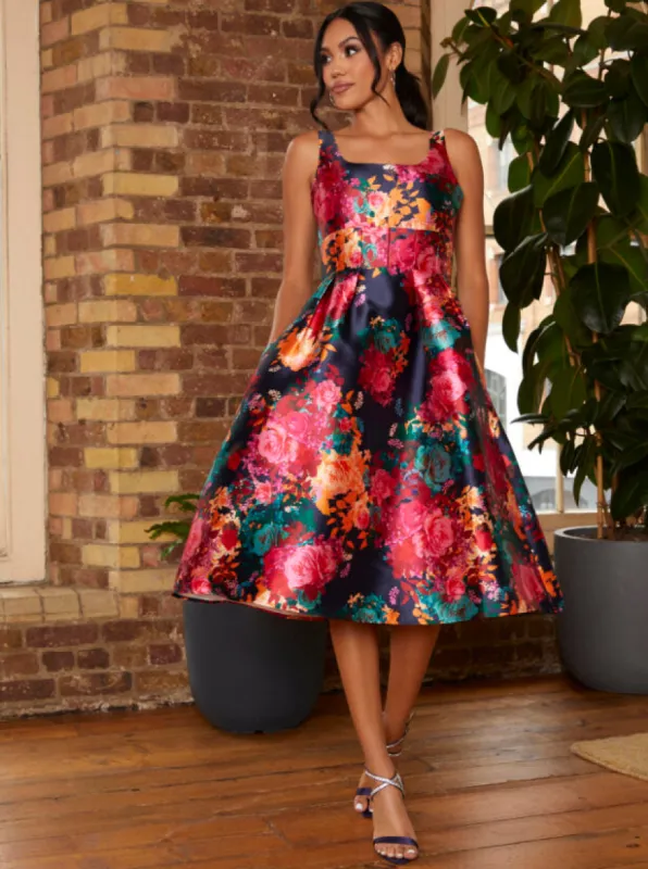 Sleeveless Floral Fit and Flare Midi Dress in Navy sold by Chi Chi London