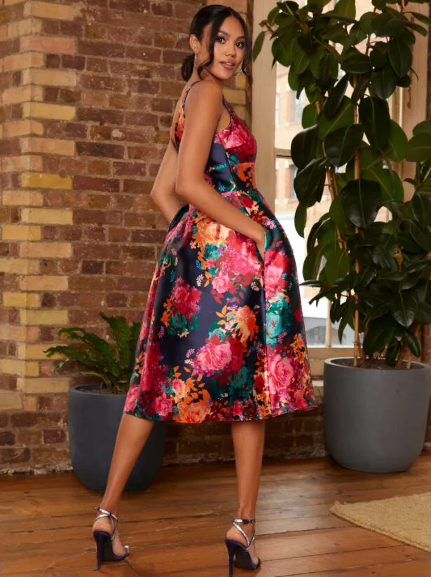 Sleeveless Floral Fit and Flare Midi Dress in Navy sold by Chi Chi London product image thumbnail 3