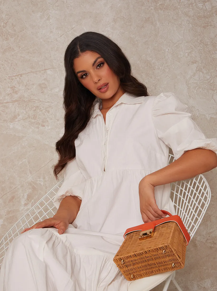 Tiered Maxi Shirt Dress in White sold by Chi Chi London