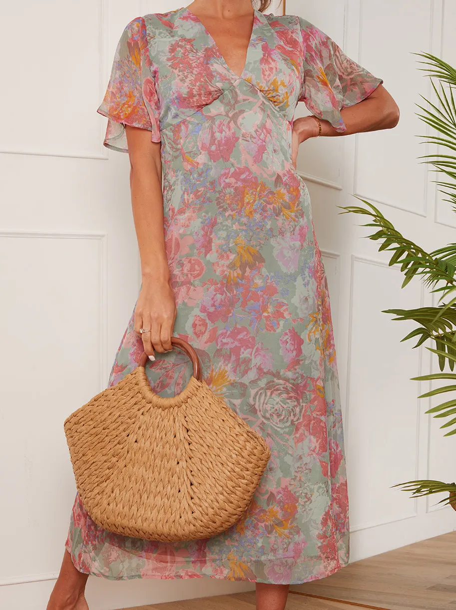 V Neck Floral Print Midi Dress in Grey sold by Chi Chi London product image thumbnail 4