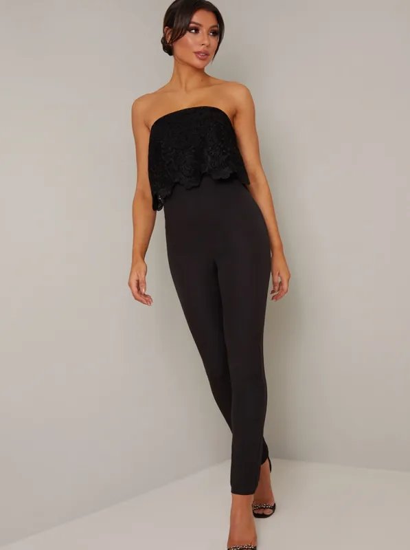 Strapless Overlay Fitted Jumpsuit in Black sold by Chi Chi London
