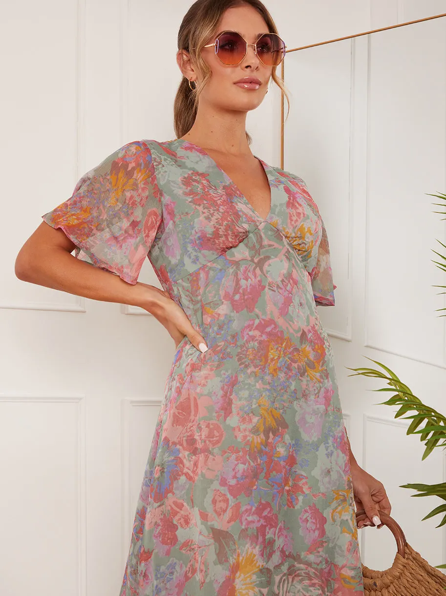V Neck Floral Print Midi Dress in Grey sold by Chi Chi London product image thumbnail 3