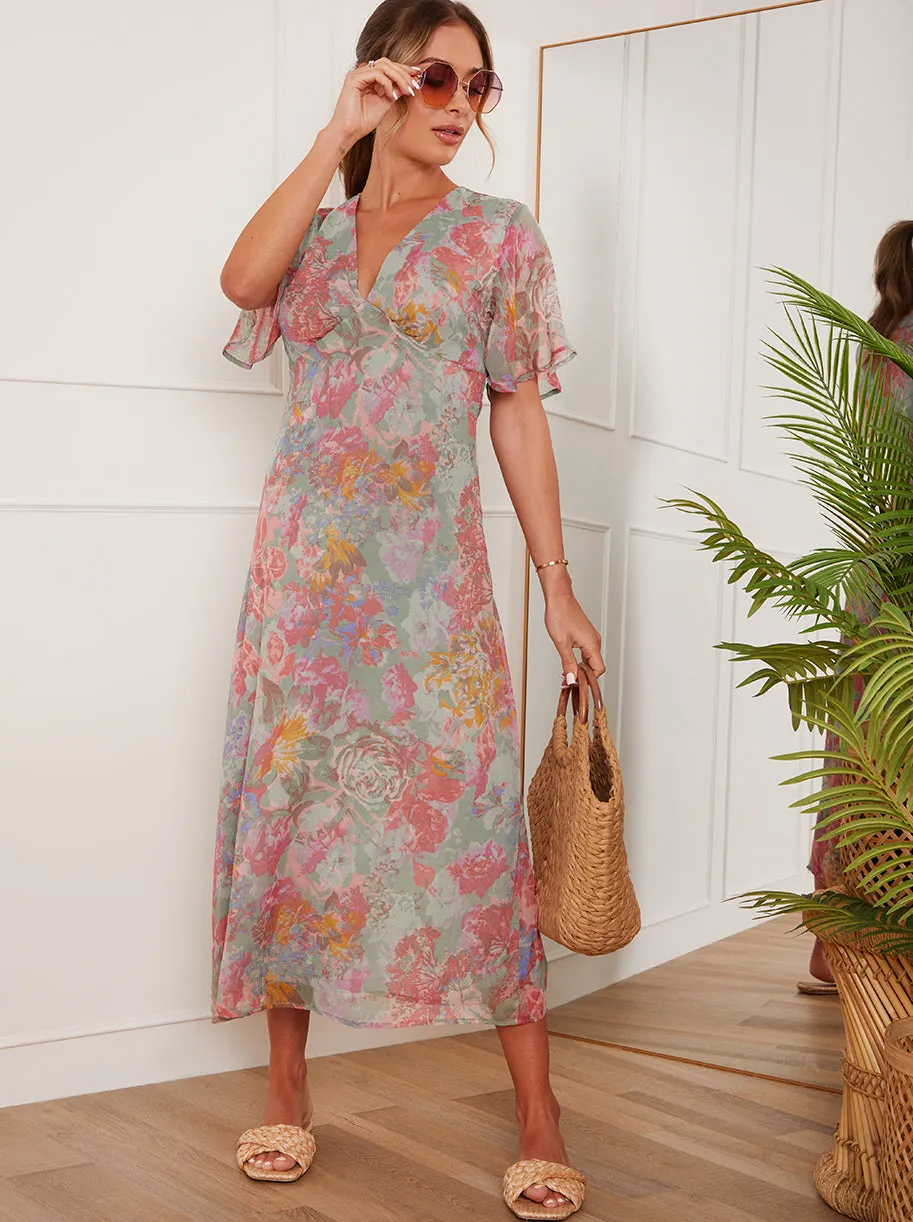 V Neck Floral Print Midi Dress in Grey sold by Chi Chi London product image thumbnail 2