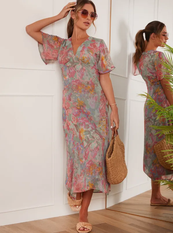 V Neck Floral Print Midi Dress in Grey made by Chi Chi London