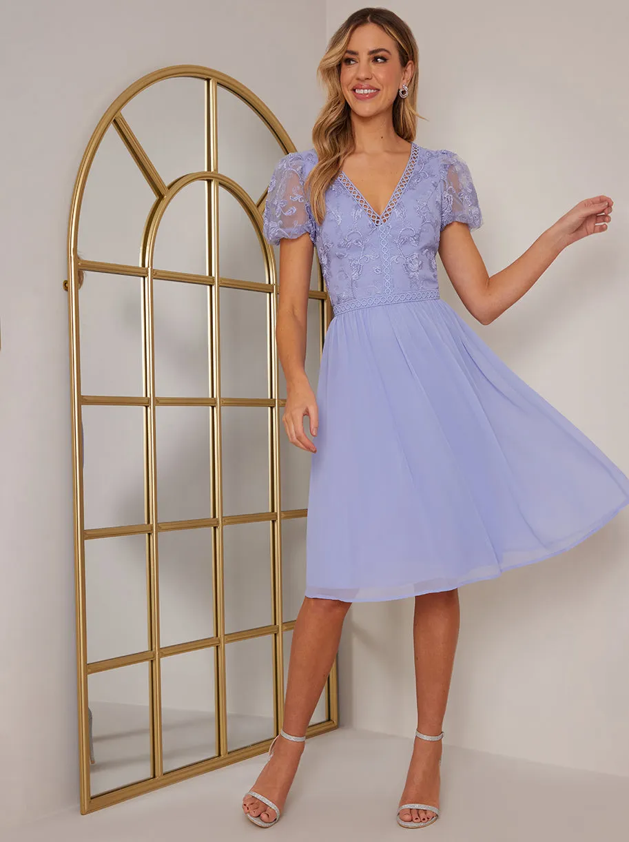 Puff Sleeve V Neck Embroidered Lace Midi Dress in Blue sold by Chi Chi London product image thumbnail 3