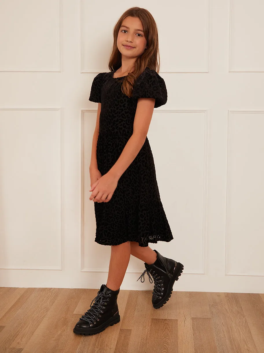Older Girls Animal Devoré Midi Dress in Black sold by Chi Chi London