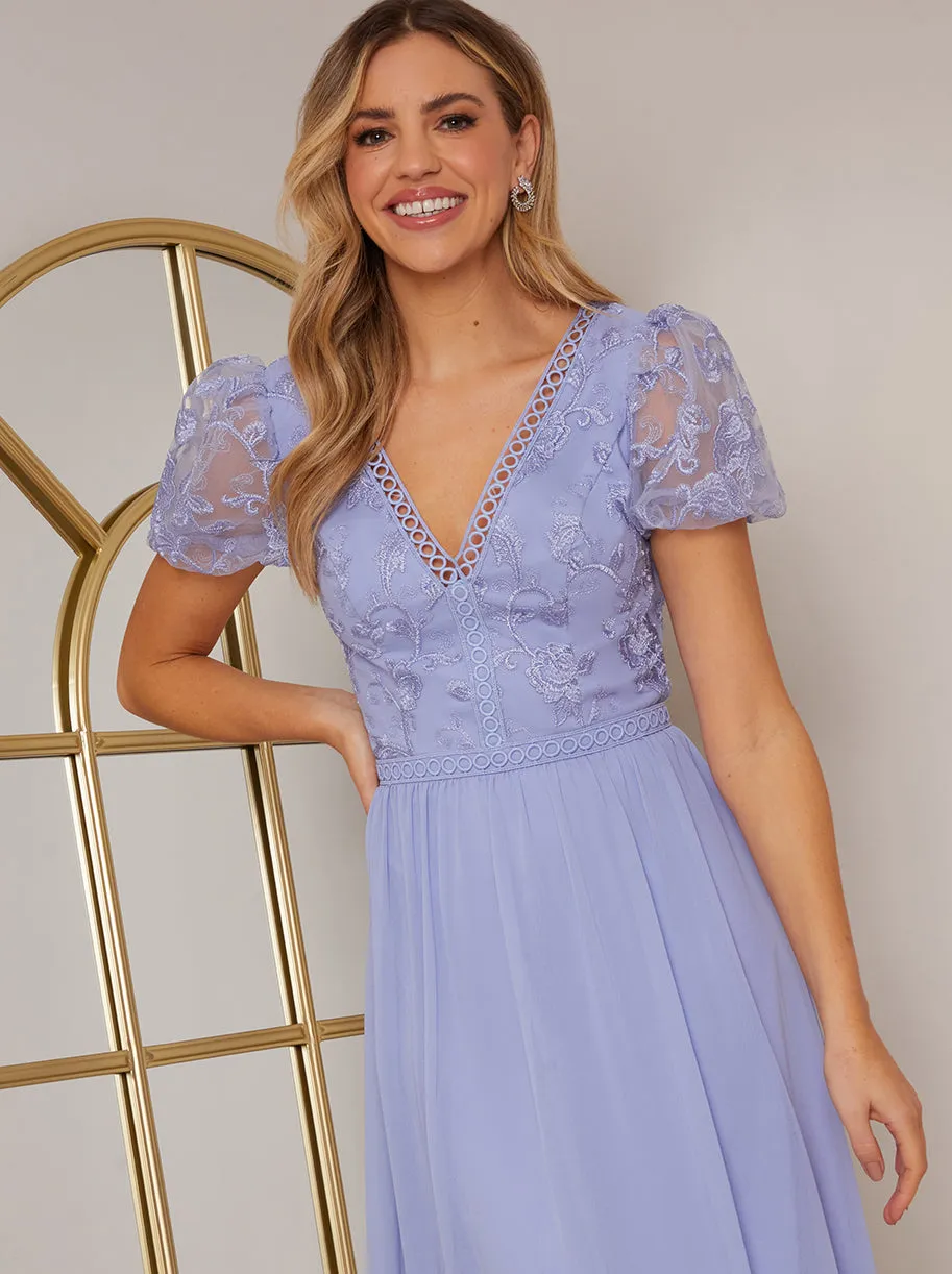 Puff Sleeve V Neck Embroidered Lace Midi Dress in Blue sold by Chi Chi London product image thumbnail 2