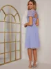 Puff Sleeve V Neck Embroidered Lace Midi Dress in Blue sold by Chi Chi London