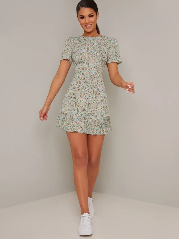 Floral Spot Print Midi Day Dress in Green sold by Chi Chi London