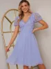 Puff Sleeve V Neck Embroidered Lace Midi Dress in Blue sold by Chi Chi London