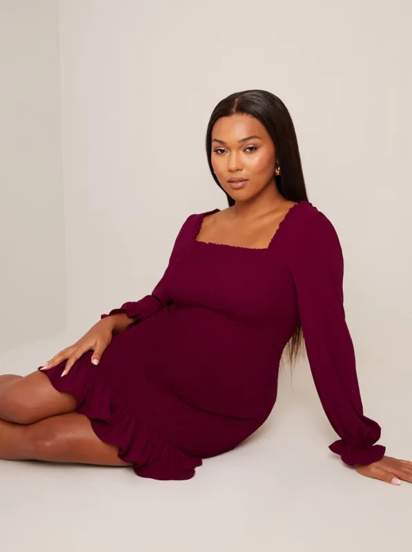 Long Sleeve Shirred Mini Dress in Wine sold by Chi Chi London