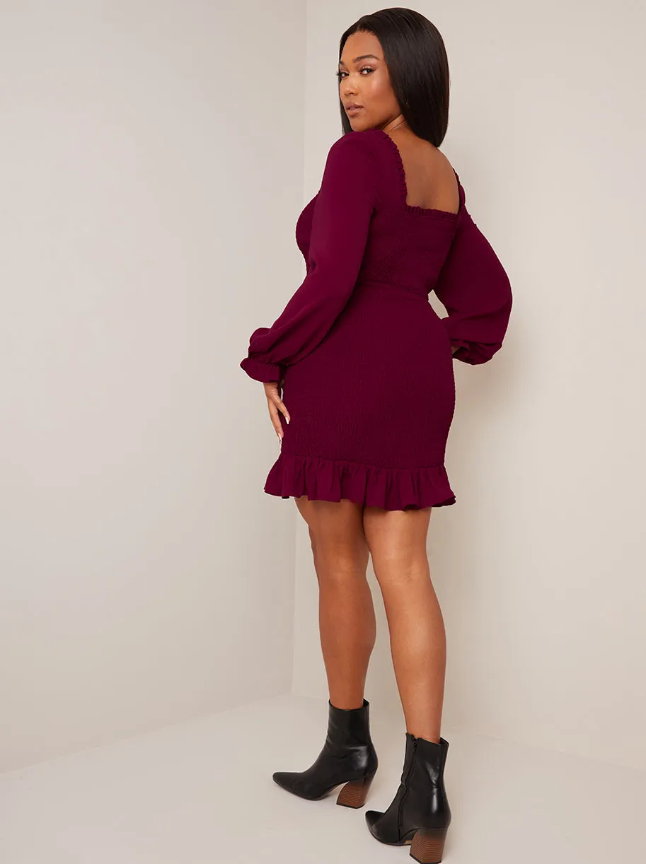 Long Sleeve Shirred Mini Dress in Wine sold by Chi Chi London product image thumbnail 3
