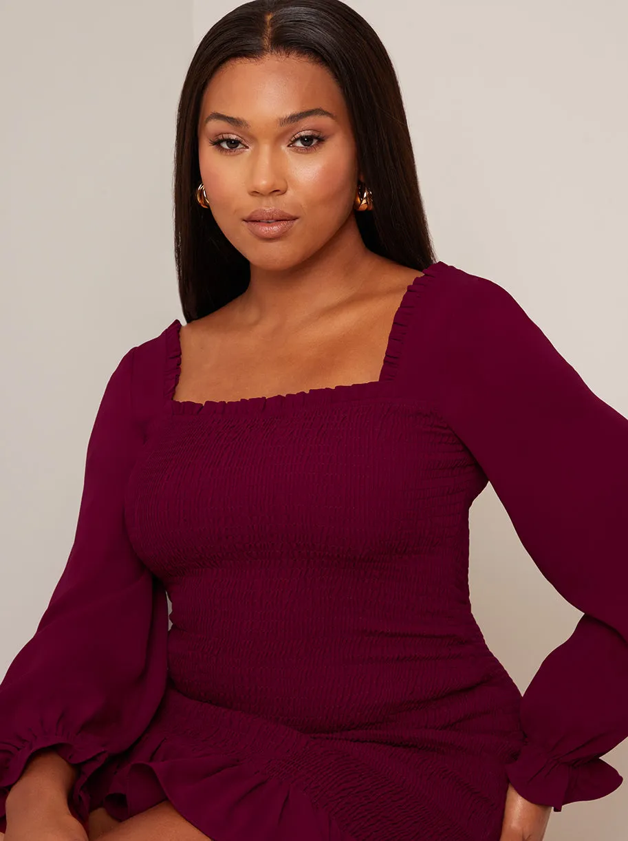 Long Sleeve Shirred Mini Dress in Wine sold by Chi Chi London product image thumbnail 4