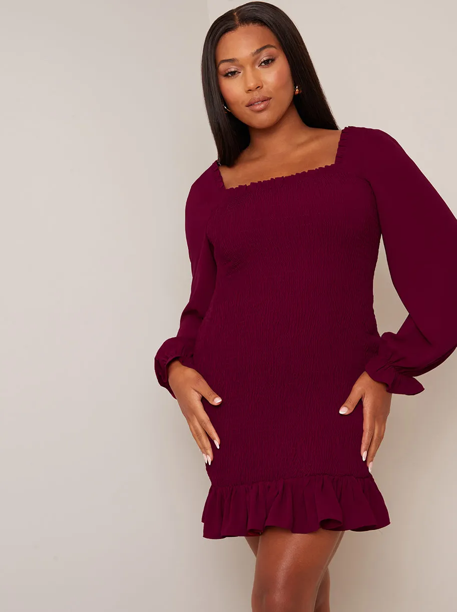 Long Sleeve Shirred Mini Dress in Wine sold by Chi Chi London product image thumbnail 5