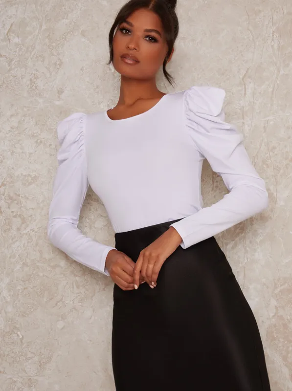 Ruched Puff Long Sleeve Top in White sold by Chi Chi London
