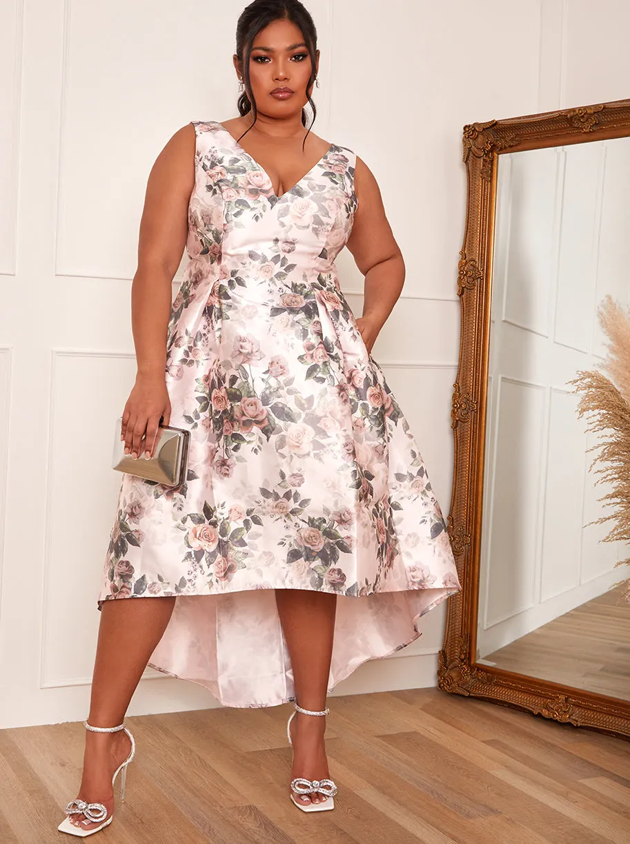 Plus Size Sleeveless Floral Print Dip Hem Dress in Pink sold by Chi Chi London product image thumbnail 2
