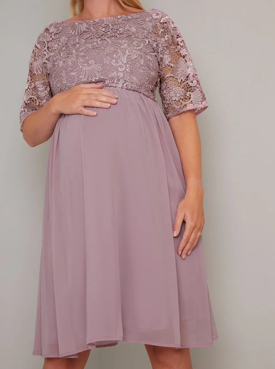 Maternity Lace Bodice 3/4 Sleeve Midi Dress in Pink sold by Chi Chi London product image thumbnail 3