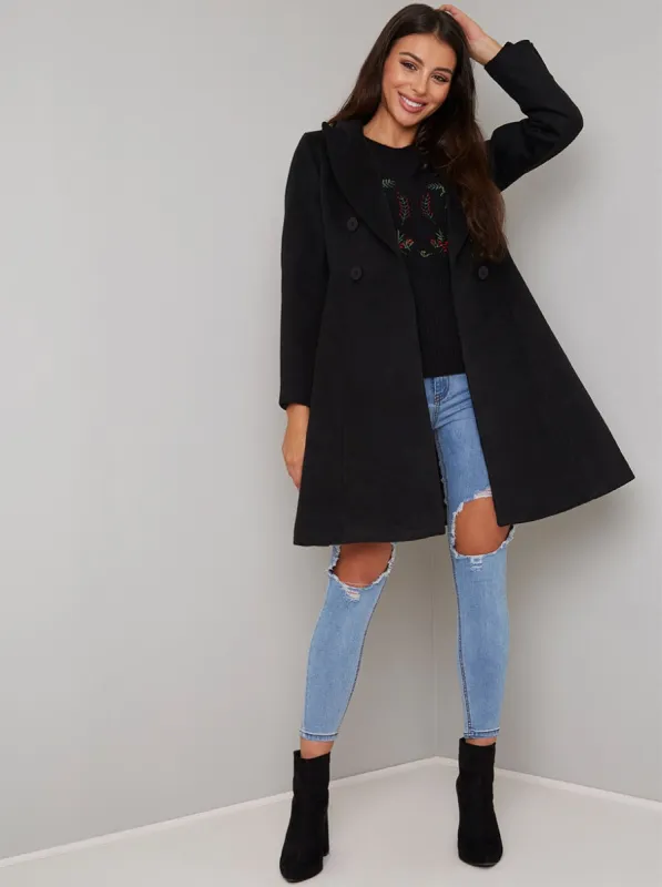 Fit And Flare Double Breasted Coat in Black sold by Chi Chi London
